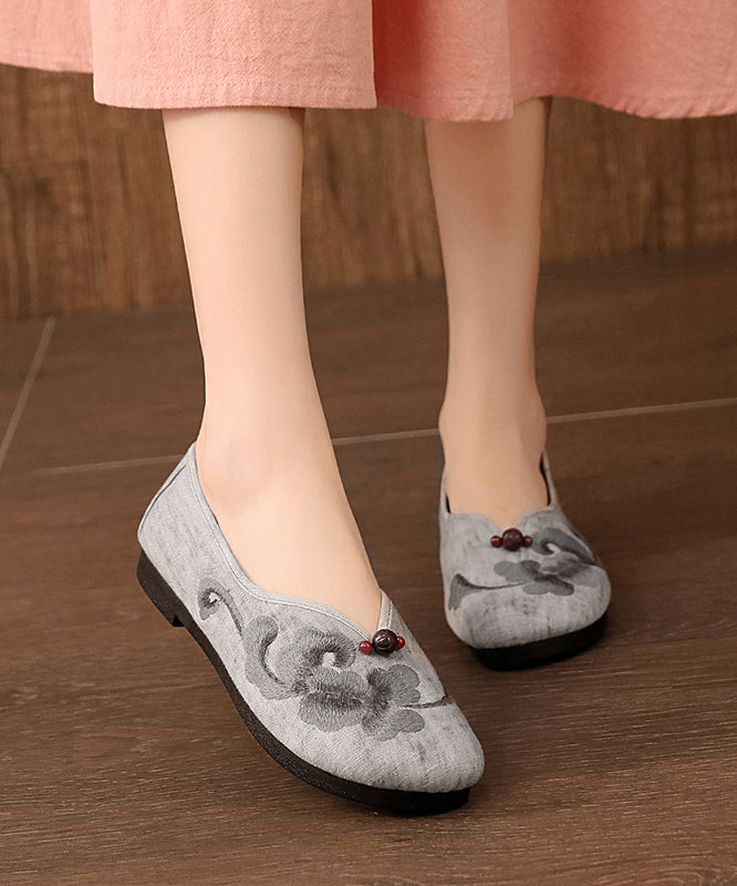 Vintage Grey Flats Comfy Cotton Fabric Embroidered Flat Feet Shoes