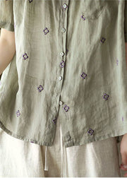 Vintage Grey Green Embroidered Linen Shirt Top Short Sleeve