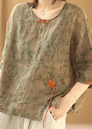 Vintage Grey Green O-Neck Print Oriental Button Side Open Linen Shirt Top Short Sleeve