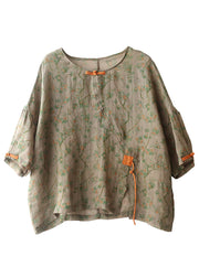 Vintage Grey Green O-Neck Print Oriental Button Side Open Linen Shirt Top Short Sleeve