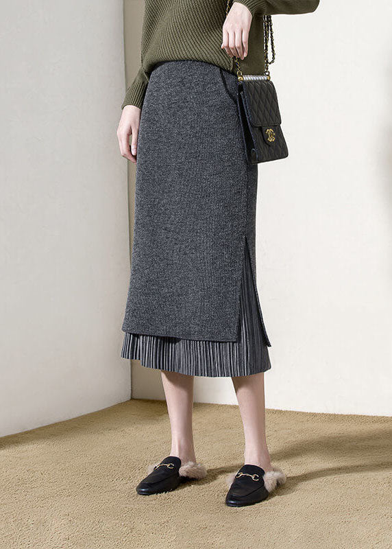 Vintage Grey High Waist Patchwork Side Open Woolen Wraped Skirts Winter