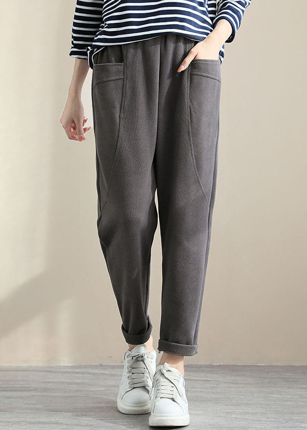 Vintage Grey High Waist Pockets Cotton Crop Pants Spring