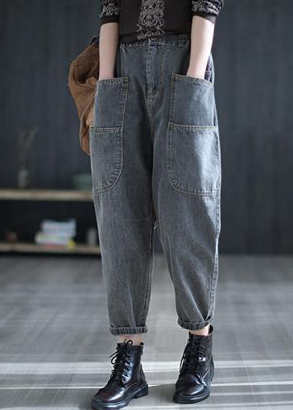 Vintage grau hohe Taille Taschen Harem Herbst Jeanshose