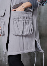 Vintage Grey Hooded Print Pockets Fine Cotton Filled Coats Winter