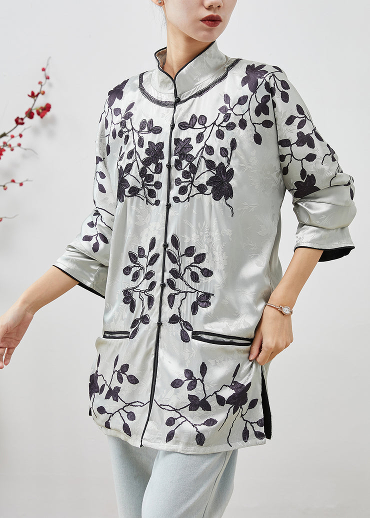 Vintage Grey Mandarin Collar Jacquard Silk Shirts Spring
