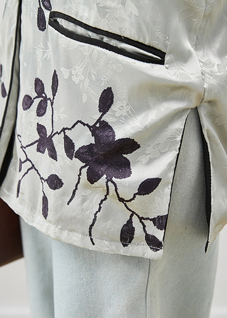 Vintage Grey Mandarin Collar Jacquard Silk Shirts Spring