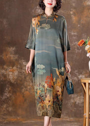 Vintage Grey Mandarin Collar Print Silk Long Dress Caftan Half Sleeve