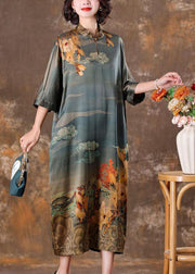 Vintage Grey Mandarin Collar Print Silk Long Dress Caftan Half Sleeve