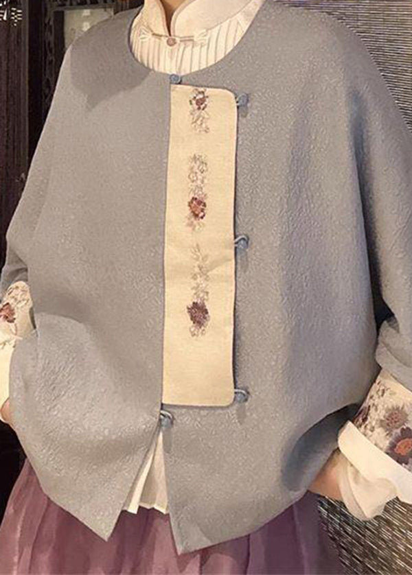Vintage Grey O Neck Button Patchwork Woolen Jacket Winter