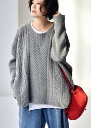 Vintage Grey O-Neck Side Open Knit Woolen Sweaters Fall
