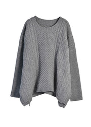 Vintage Grey O-Neck Side Open Knit Woolen Sweaters Fall
