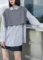 Vintage Grey Peter Pan Collar Button Fall Striped Shirt Long sleeve - SooLinen