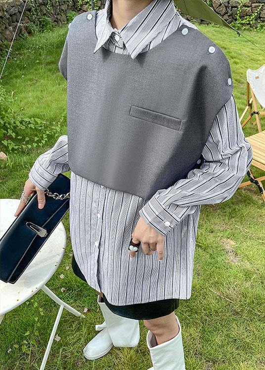Vintage Grey Peter Pan Collar Button Fall Striped Shirt Long sleeve - SooLinen