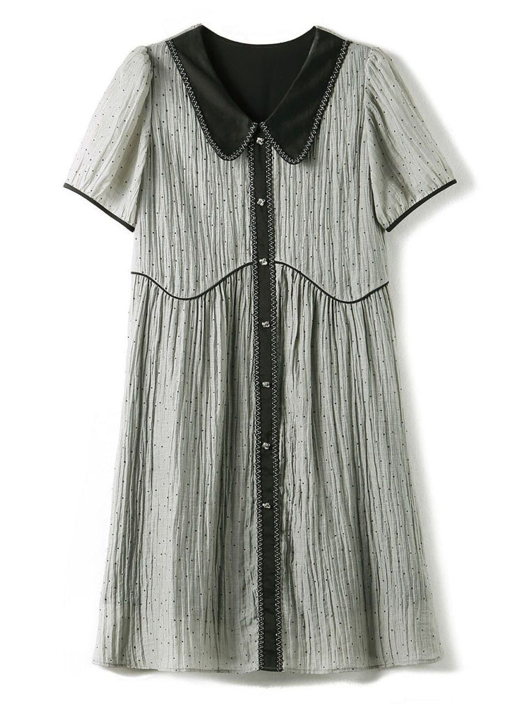 Vintage Grey Peter Pan Collar Wrinkled Patchwork Silk Dress Summer