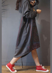 Vintage Grey Print Cotton hooded Summer Dress - SooLinen