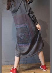 Vintage Grey Print Cotton hooded Summer Dress - SooLinen