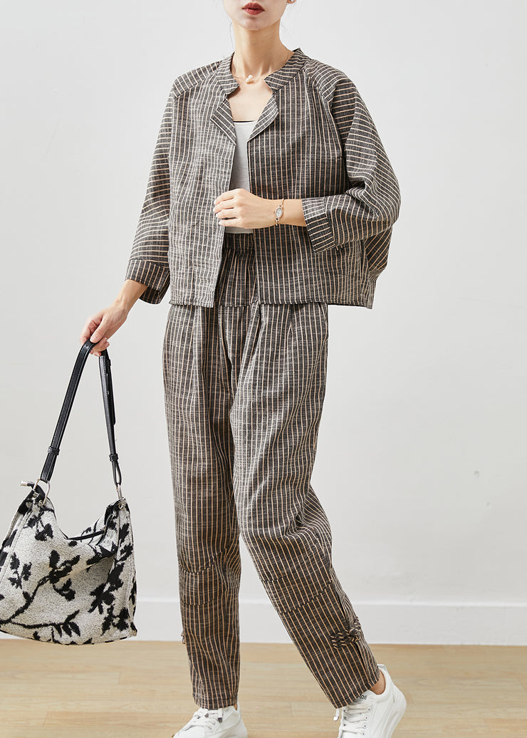 Vintage Grey Striped Linen Two Pieces Set Spring