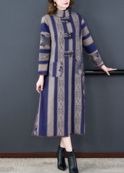 Vintage Grey Striped Side Open Button Patchwork Woolen Coats Fall