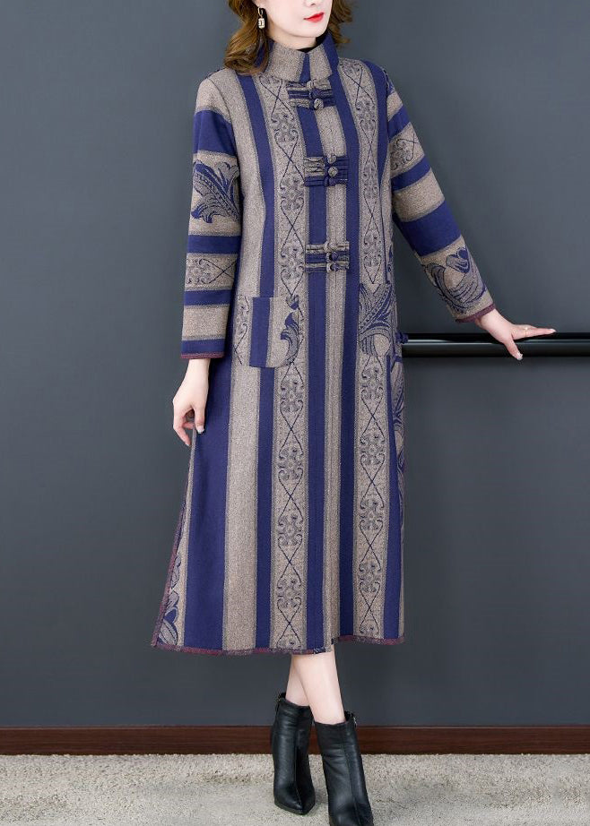 Vintage Grey Striped Side Open Button Patchwork Woolen Coats Fall