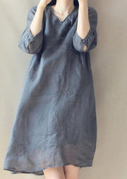 Vintage Grey V Neck Embroidered Button Linen Cheongsam Dress Half Sleeve