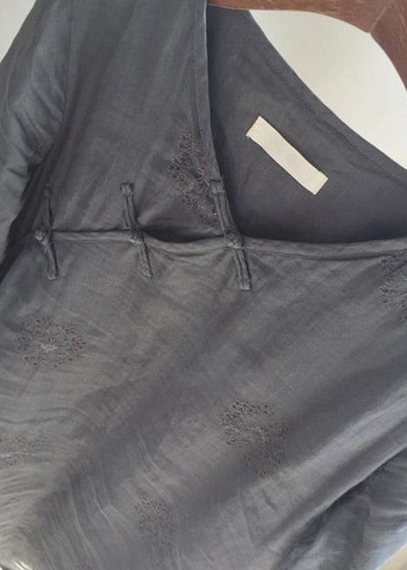 Vintage grau V-Ausschnitt bestickt Knopf Leinen Cheongsam Kleid halbe Ärmel