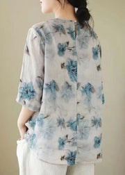 Vintage White V Neck Print Chinese Button Patchwork Linen Blouse Top Summer