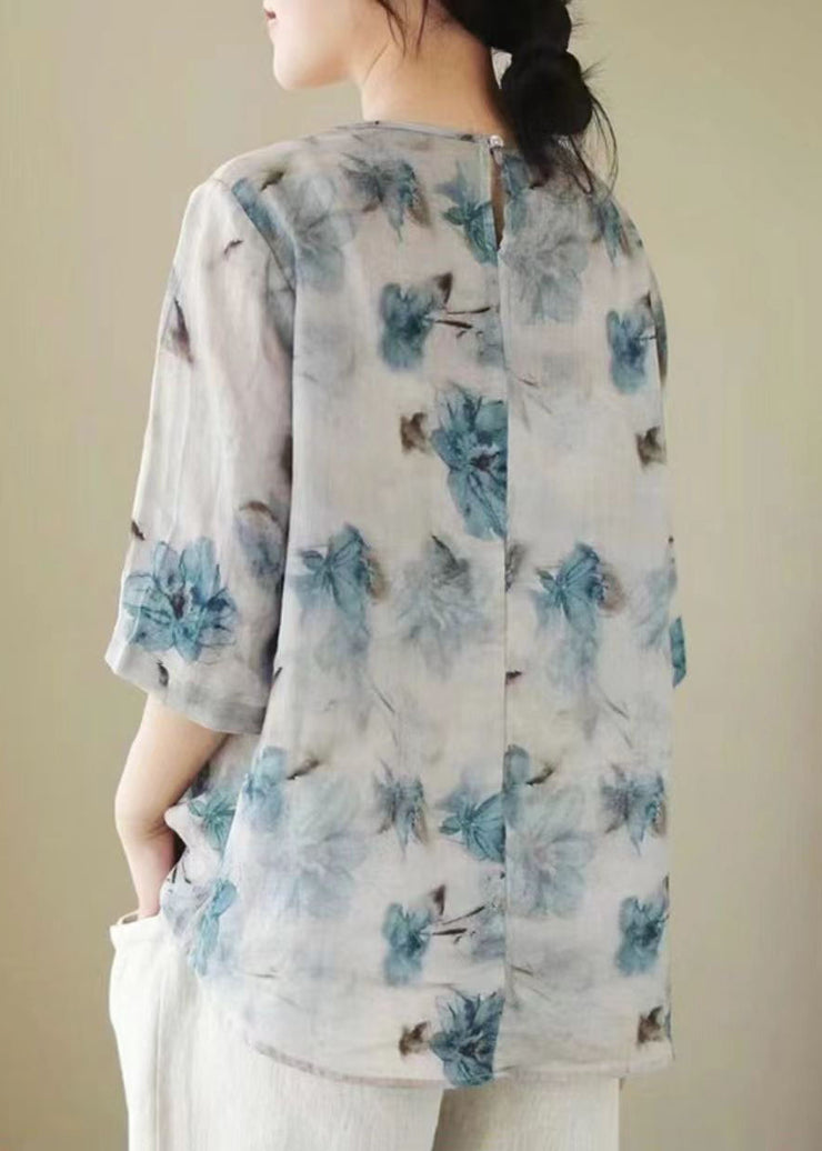 Vintage White V Neck Print Chinese Button Patchwork Linen Blouse Top Summer