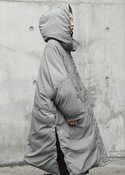 Vintage Grey hooded Pockets side open Thick Winter Cotton coat