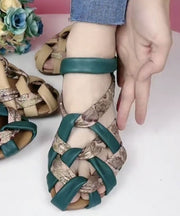 Vintage Hollow Out Splicing Chunky Sandals Green Genuine Leather Print