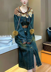 Vintage Hooded Sashes Patchwork Denim Shirts Dresses Spring
