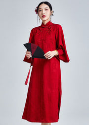 Vintage Jacquard Red Stand Collar Button Maxi Dresses Fall