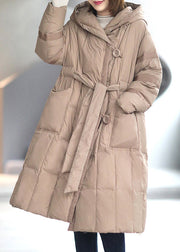 Vintage Khaki Knopf Taschen binden Taille Winter Entendaunenmantel