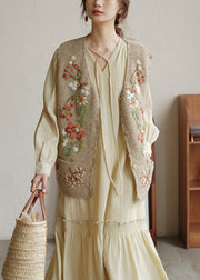 Vintage Khaki Embroidered Button Patchwork Knit Waistcoat Sleeveless