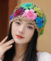 Vintage Khaki Embroideried Hollow Out Knit Bonnie Hat