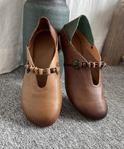 Vintage Khaki Genuine Leather Splicing Cross Strap Flat Shoes