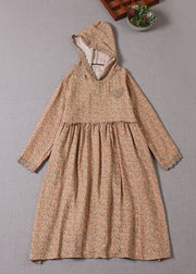 Vintage Khaki Kapuzendruck Baumwolle Urlaub Kleid Frühling