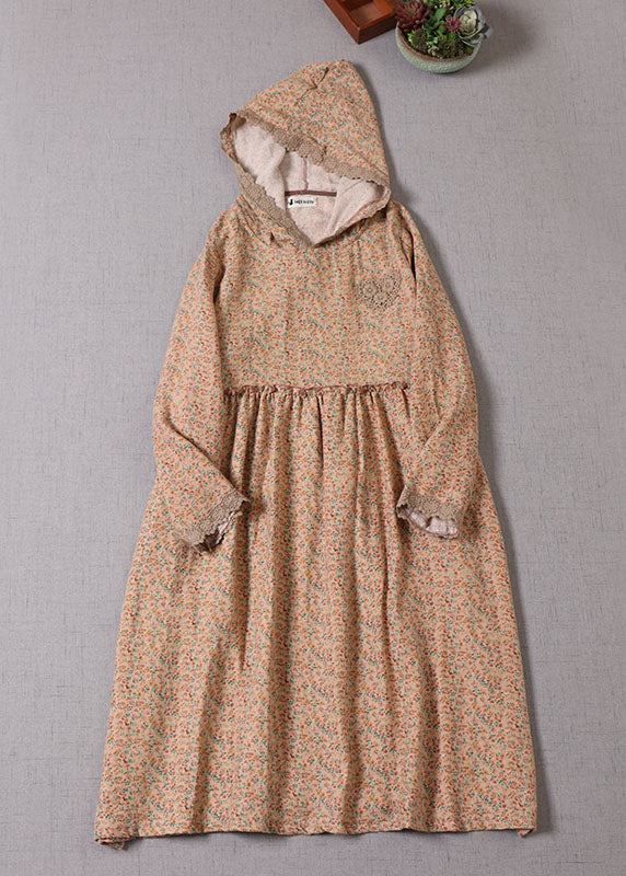 Vintage Khaki Hooded Print Cotton Holiday Dress Spring
