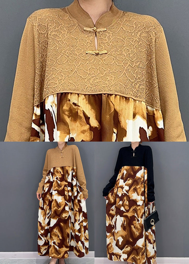 Vintage Khaki Mandarin Collar Patchwork Print Holiday Dress Spring
