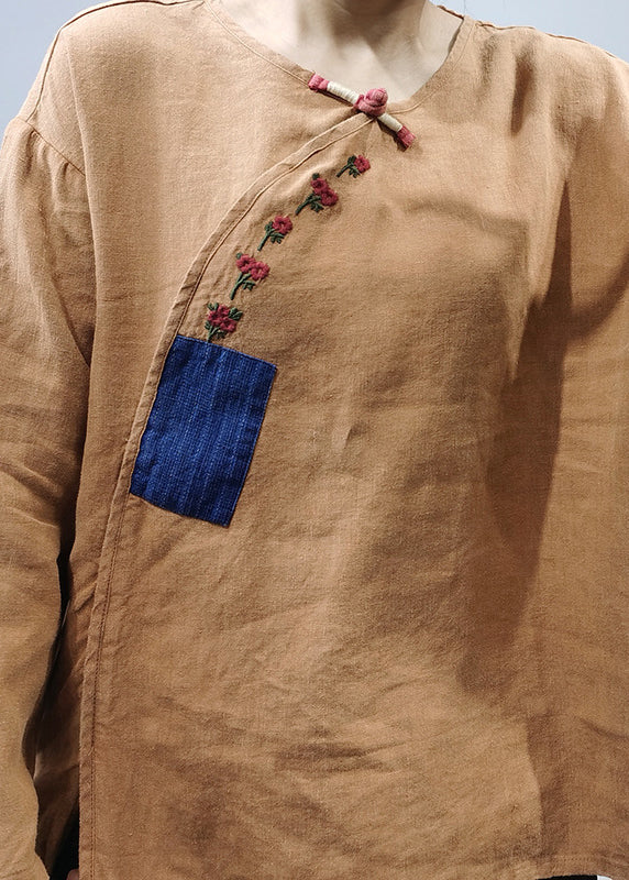 Vintage Khaki O-Neck Embroidered Patchwork Linen Top Long Sleeve