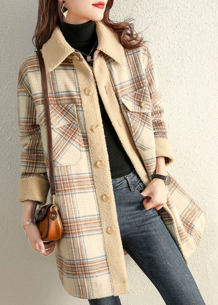 Vintage Khaki PeterPan Collar Plaid Winter fleece coat