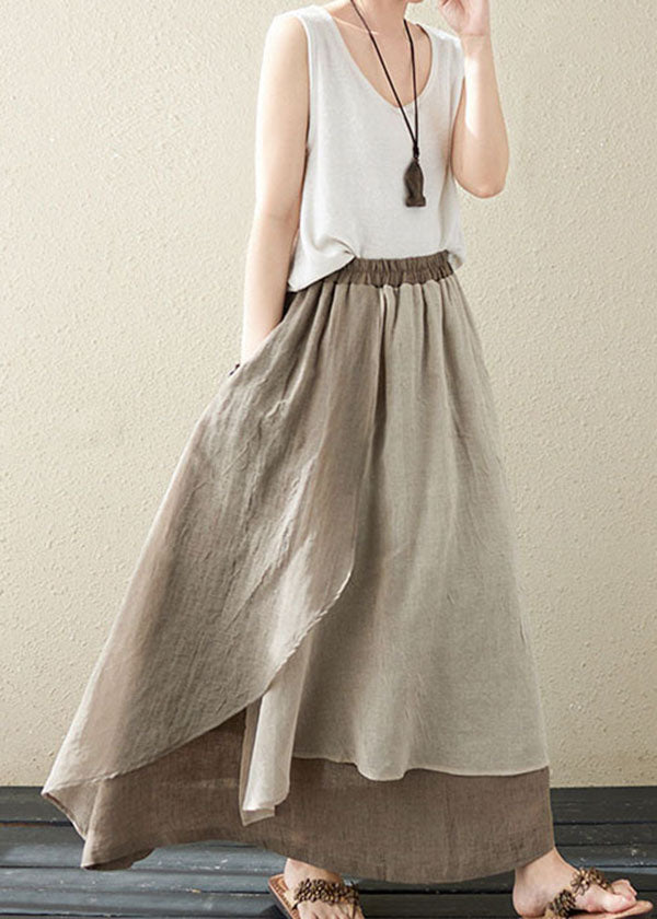 Vintage Khaki Pockets Asymmetrical Design Patchwork Linen Skirt Summer