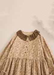 Vintage Khaki Print Lace Up Cotton Long Dresses Long Sleeve