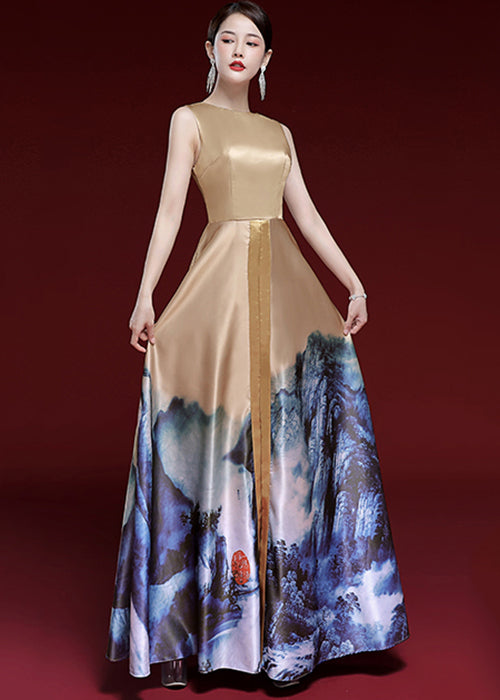 Vintage Khaki Print Lace Up Patchwork Shawl Two Long Dresses Silk Two Pieces Set Summer