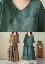 Vintage Khaki Print Linen Top And A Line Skirts Two Pieces Set Summer