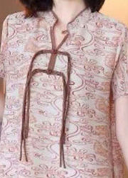 Vintage Khaki Print Tassel Side Open Silk A Line Dress Short Sleeve