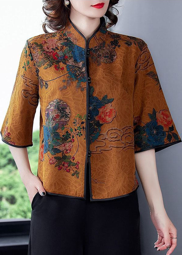 Vintage Khaki Stand Collar Print Silk Blouse Top Half Sleeve
