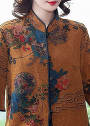 Vintage Khaki Stand Collar Print Silk Blouse Top Half Sleeve