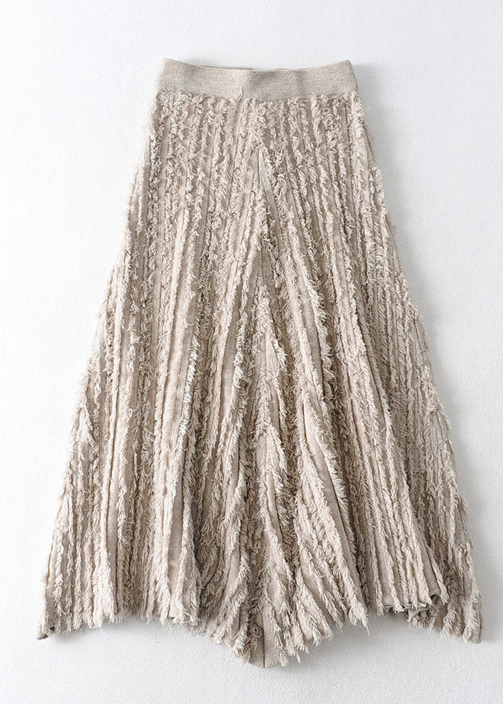 Vintage Khaki Tasseled Knit a line skirts Spring