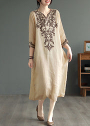 Vintage Khaki V Neck Embroidered Patchwork Linen Dress Summer
