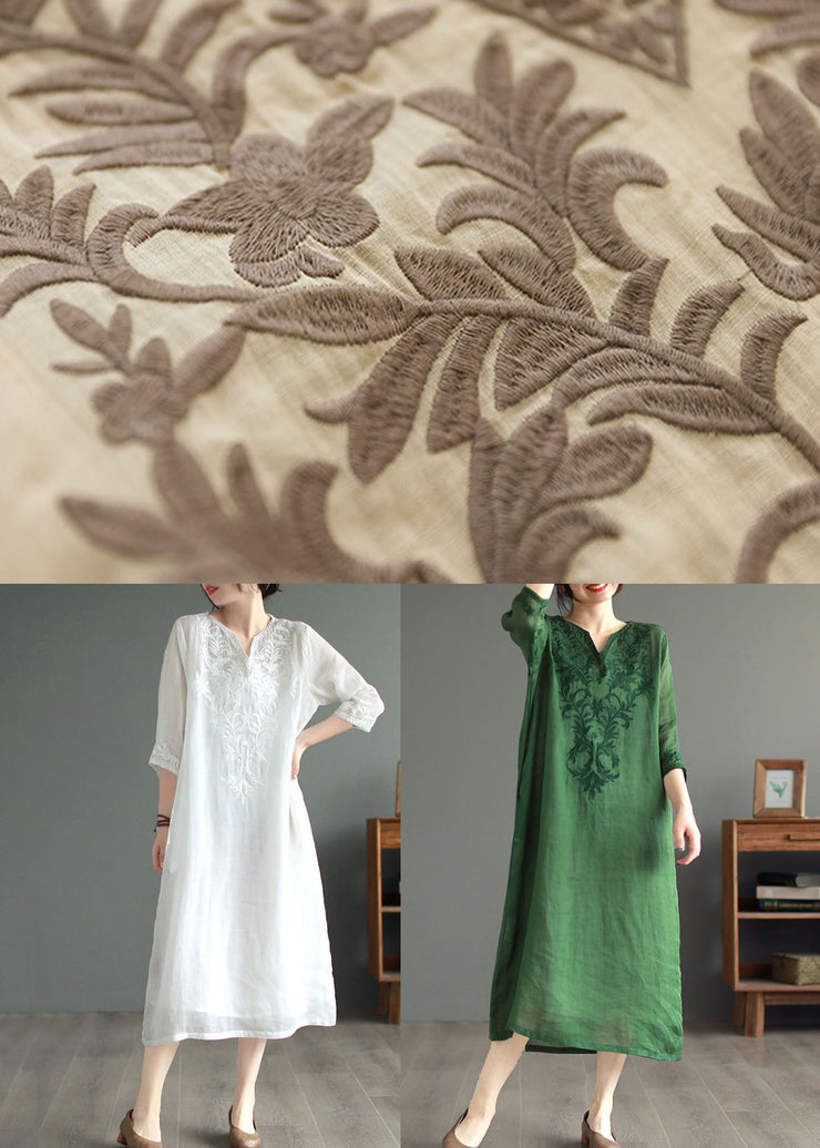 Vintage Khaki V Neck Embroidered Patchwork Linen Dress Summer